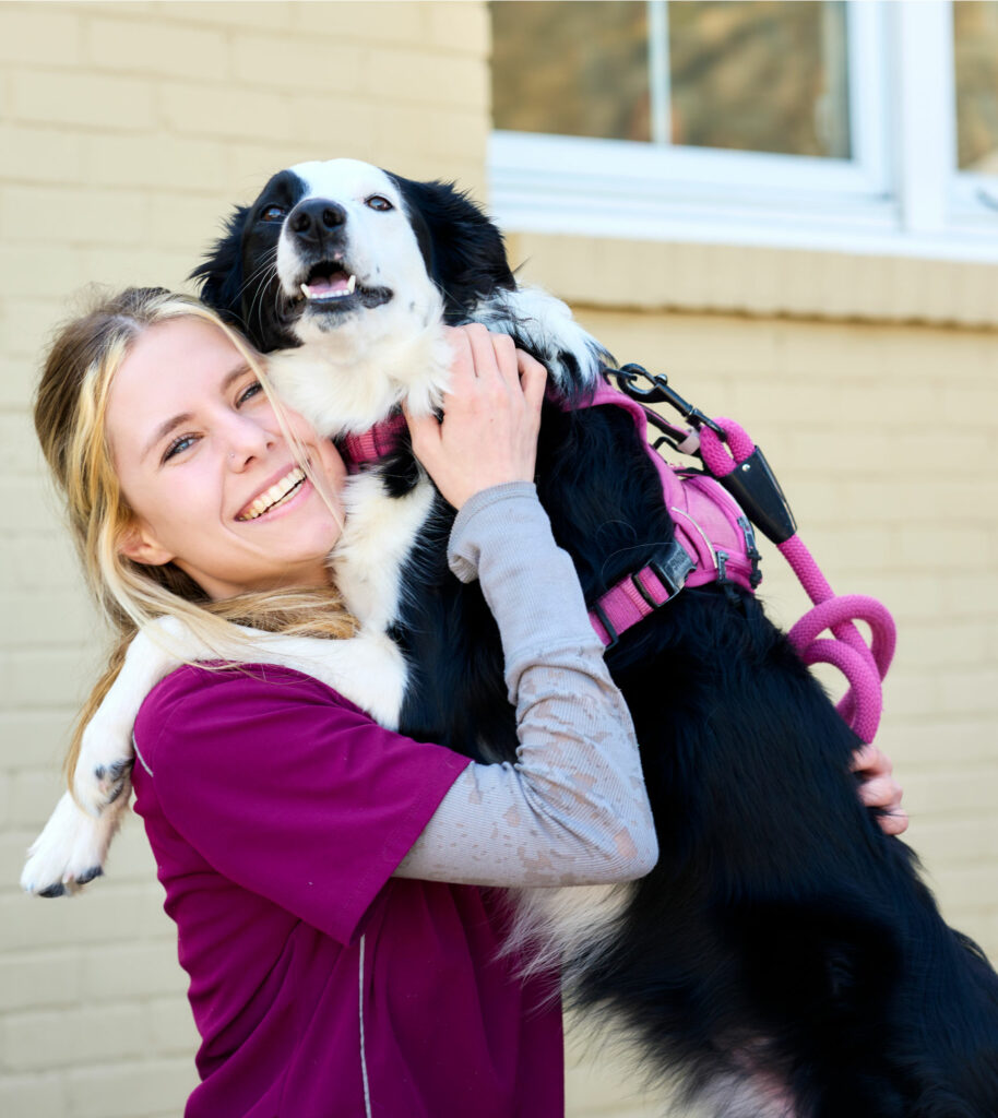 Veterinarian at Armistead Avenue Veterinary Hospital holding up dog and smiling